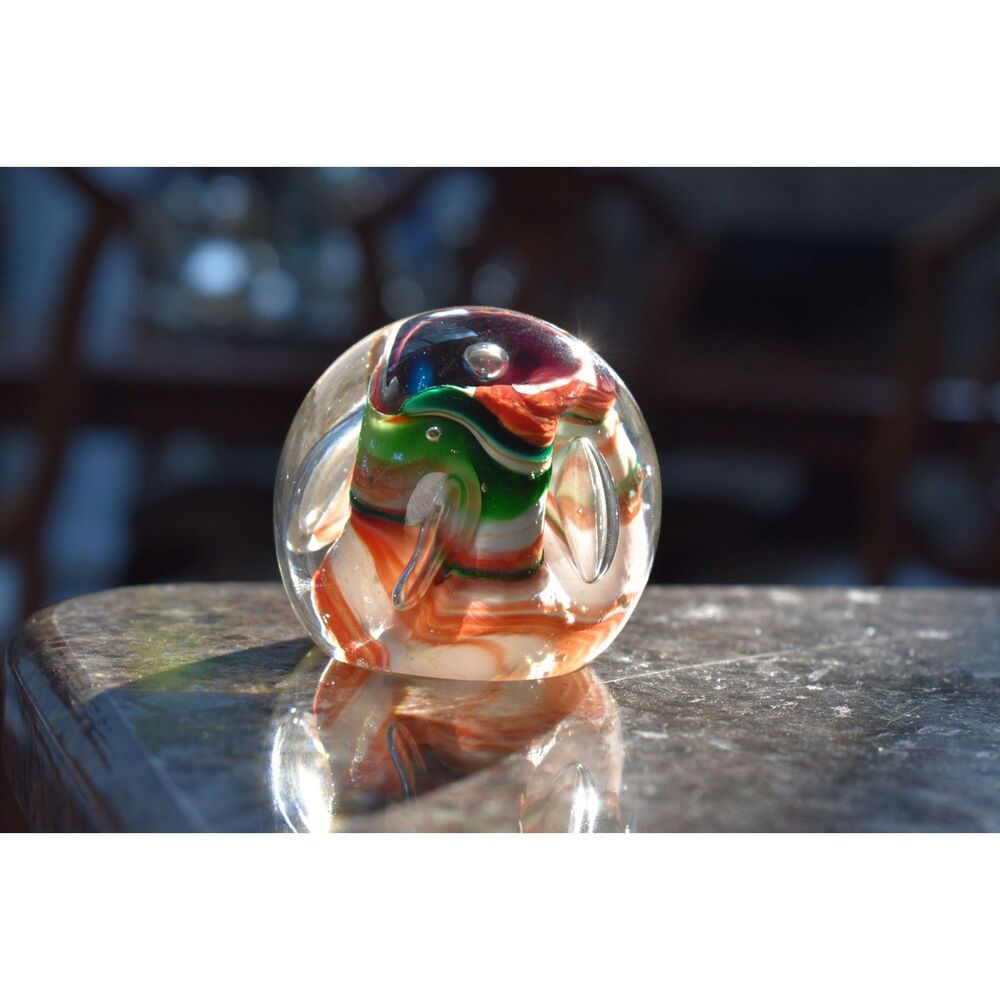 Karg Art Glass Signed Paperweight Multicolor Pulled Swirl Orange Green Kansas